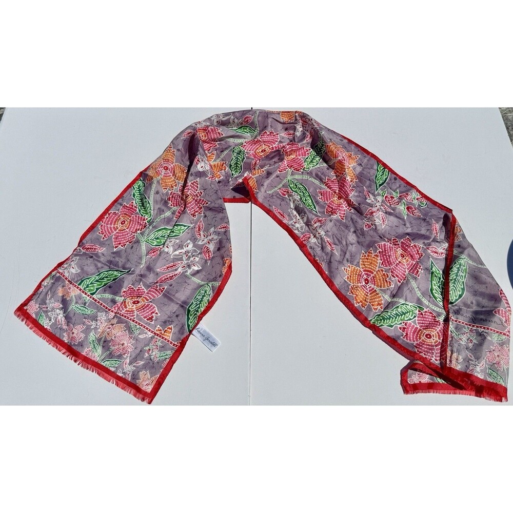Vintage Silk Rayon Scarf Pink White Silver Floral Hand Rolled Hem Made in Japan